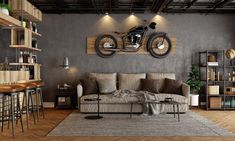 a living room filled with furniture and a motorcycle mounted to the wall