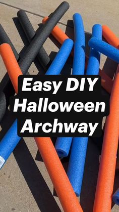 an easy diy halloween archway made out of foam sticks and plastic pipe tubes