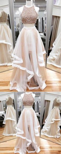 Two Piece Prom Dresses, Wedding Pieces, Two Piece Evening Dresses, High Low Evening Dresses, Dresses Champagne, Two Piece Prom, Popular Prom Dresses, Tulle Prom Dresses, Champagne Prom Dress