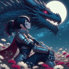 a woman sitting on top of a field next to a large dragon in front of a full moon