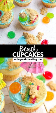 beach cupcakes with blue frosting and colorful decorations on top are ready to be eaten