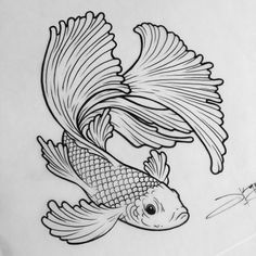 a black and white drawing of a goldfish with its tail curled up in the air