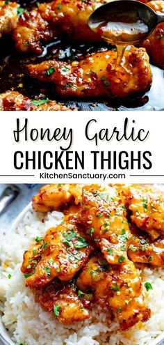 honey garlic chicken thighs on top of rice in a pan with the title above it