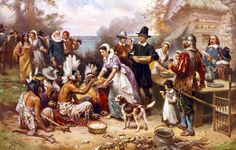 an old painting of people and dogs in native american clothing, with one man serving food to the other