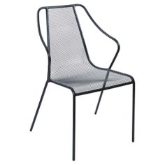 a black metal chair sitting on top of a white background