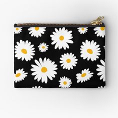 Get my art printed on awesome products. Support me at Redbubble #RBandME: https://www.redbubble.com/i/pouch/Classic-Daisies-on-Black-by-latheandquill/48932994.440R3?asc=u Purse Art Paint, Pencil Bag Painting Ideas, Fabric Painting On Black Cloth, Pencil Pouch Painting Ideas, Black Fabric Painting, Drawing On Bags Ideas, Canvas Pouch Painting