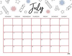 a july calendar with fireworks and stars