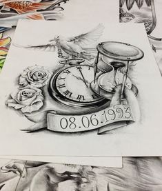 a drawing of a clock with roses and a banner