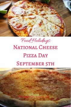 the national cheese pizza day flyer is shown in red and white, along with other food items