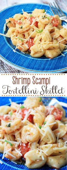 shrimp scampi tortellini shells on a blue plate