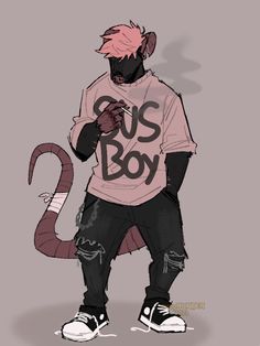 a drawing of a man with pink hair wearing a t - shirt that says bus boy