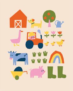 an illustration of farm animals and farm equipment on a pink background with green, blue, yellow, orange, and red colors