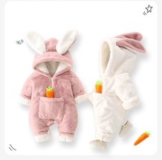 Baby Carrot Rabbit Romper - Momorii⁤ Cute White Hooded Onesie, Easter Sunday Outfit, Easter Bunny Costume, Bear Drawings, Fall Photo Shoot Outfits, Girls Fall Fashion, Girls Fall Dresses, Rabbit Clothes, Winter Romper