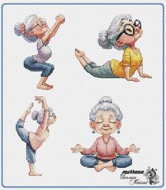 an older woman doing yoga poses cross stitch pattern