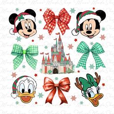 mickey and minnie mouse christmas cliparts with bows, hats and other holiday decorations