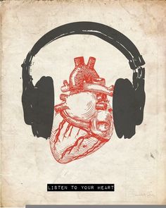 an old book with headphones and a drawing of a heart