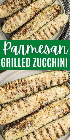 grilled zucchini with parmesan cheese on the top and green background