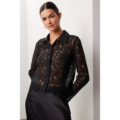 Black lace (55% Nylon, 45% Cotton). Top. Long sleeves. Collar. Front button closure. 22" from shoulder to hemline. Imported. Formal Scalloped Lace For Spring, Formal Lace Collar Top For Fall, Formal Lace Top With Lace Collar For Fall, Formal Fall Lace Top With Lace Collar, Formal Long Sleeve Lace Top For Fall, Chic Long Sleeve Lace Top For Formal Occasions, Chic Formal Long Sleeve Lace Top, Night Out Lace Blouse With Lace Collar, Fitted Long Sleeve Lace For Party