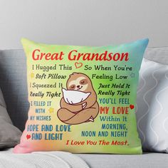 a pillow that says great grandson with a slotty holding a cup in his hands