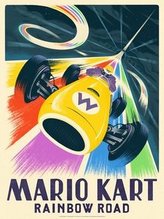 an advertisement for mario kart's rainbow road is featured in this retro poster