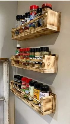 two wooden shelves holding spices and condiments