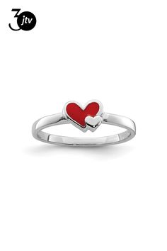 Rhodium over sterling silver children's red enameled double heart ring with polished finish. Band width measures approximately 1/16". Double Heart Ring, Kids Rings, Heart For Kids, Double Heart, Gothic Jewelry, Heart Ring, Band, Sterling Silver, Ring