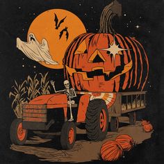 a pumpkin truck with a skeleton sitting on the front and an owl flying over it