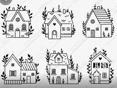 four houses with trees and bushes around them, black and white illustrations on a white background