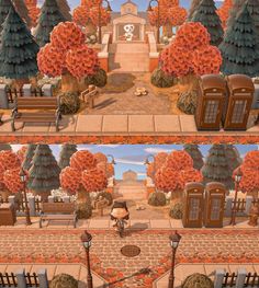 two pictures of the same area with trees, benches and telephone booths in it's different stages