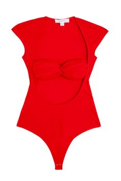 Slim fit cotton jersey bodysuit with cut out and cap sleeves. Shirred bra attached, snaps at crotch. Lightweight stretch fabric. 91% cotton, 9% elastane. Ella is 6' tall, 36" bust, 26" waist, 36" hip, and is wearing a size M. Fitted Solid Color Bodysuit With Cutout, Fitted Cutout Bodysuit, Stretch Cutout Backless Bodysuit, Fitted Cutout Bodysuit In One-piece, Fitted One-piece Bodysuit With Cutout, Fitted Cutout One-piece Bodysuit, Fitted One-piece Cutout Bodysuit, Summer Cutout Bodysuit In Elastane, Red Stretch Backless Bodysuit