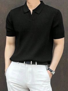 Solid Ribbed Polo Shirt For Men Black Casual  Short Sleeve Rib knit Plain  Medium Stretch  Men Clothing, size features are:Bust: ,Length: ,Sleeve Length: Outfits For Men Black, Black Shirt Men, Men's Summer Outfit, Men's Business Outfits, Polo Shirt Outfits, Polo Outfit, Classy Outfits Men