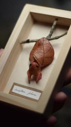 a hand holding a small wooden box with an ornament in it