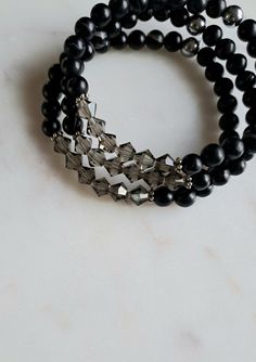 Smokey gray beads with black stretch bracelet. Grey Beads, Black Stretch, Dainty Jewelry, Bracelet Gift, Stretch Bracelets, Beaded Jewelry, Beaded Bracelets, Gifts For Her, Beads