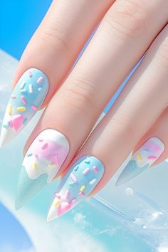 Sprinkles Nail Art, Nail Art Trends 2024, Dessert Nails Designs, Nail Art Designs 2024, Nail Trends 2024, Cute Nail Designs Simple, Sprinkles Nails, Popsicle Nails, Blue Pink Nails