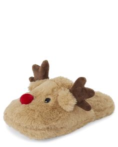 Part of our shoePLACE collection 100% polyester faux fur Note: please reference adult size chart for this item Slip-on style Embroidered reindeer face with 3D ears, antlers and nose No-slip gripper soles Imported. Unisex Adult Matching Family Christmas Reindeer Slippers | The Children's Place Unisex Adult Matching Family Reindeer Slippers | Size XS | Brown Reindeer Slippers, Slippers Brown, Baby Boy Pajamas, Christmas Slippers, Reindeer Face, Reindeer Antlers, Boys Pajamas, Christmas Men, Christmas Deer