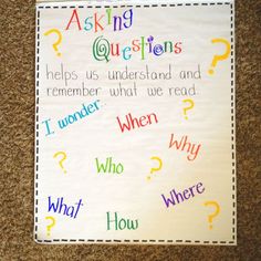 a bulletin board with question marks on it that says asking questions helps us understand and remember what we read