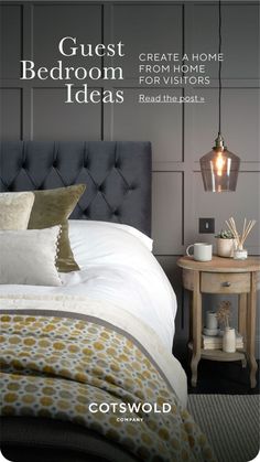 a bedroom with grey walls and yellow accents on the headboard is featured in this magazine