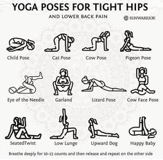 yoga poses for tight hipss and lower back pain, illustrated in black on white