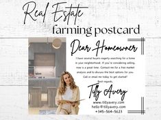 the real estate farming postcard is shown with an image of a woman holding a clipboard