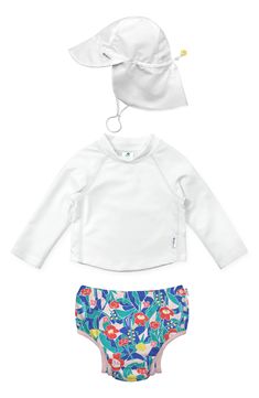 Keep baby's skin protected from the sun, sand and surf as they splash and play in this coordinating set featuring a long-sleeve rashugard, swim diaper and hat. Includes rashguard, swim diaper and sun hat Rashguard has half-zip closure with chin guard Swim diaper has elastic waist Sun hat has toggled chin strap UPF 50+ sun protection 100% recycled polyester Machine wash, tumble dry Imported Long Sleeve Rash Guard With Uv Protection For Playwear, Spring Rash Guard With Uv Protection For Surfing, Long Sleeve Swimwear With Upf 50+ For Play, Playful Blue Rash Guard For Pool, Playful Swimwear With Upf 50+ For Spring, Fitted Summer Swimwear For Playtime, Playful Swimwear With Upf 50+, Blue Swimwear With Upf 50+ For Playtime, Uv Protection Swimwear For Spring Playwear