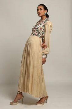 Shop for Sejal Kamdar Beige Gajji Silk Floral Embroidered Balloon Sleeve Dress for Women Online at Aza Fashions Semi-stitched Multicolor Embroidery Dress With Long Sleeves, Navratri Embroidered Straight Kurta Dress, Semi-stitched Long Sleeve Dress With Multicolor Embroidery, Long Sleeve Dresses With Resham Embroidery For Transitional Season, Transitional Long Sleeve Dresses With Resham Embroidery, Embroidered Long Sleeve Dress For Transitional Season, Long Sleeve Embroidered Transitional Dress, Semi-stitched Anarkali Dress With Floral Embroidery, Multicolor Straight Kurta Dress With Resham Embroidery