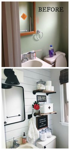 before and after pictures of a bathroom remodel with white walls, wood flooring and open shelving