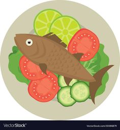 fish and vegetables on a plate with lemons, tomatoes, cucumbers and lettuce