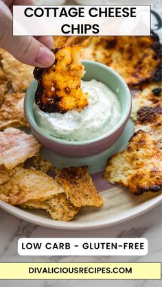 a person dipping some food into a bowl with chips on the side and text overlay reading cottage cheese chips low carb - gluten - free