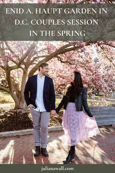 a man and woman holding hands in front of cherry trees with text overlay that reads end a habitt garden in dc couples session in the spring