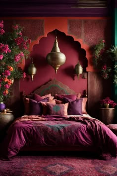 Dive into a world of enchantment with this Moroccan-inspired bedroom, where rich wine-red walls effortlessly contrast with vibrant splashes of teal and emerald. The centerpiece is a regally carved headboard, a testament to masterful craftsmanship, setting the stage for a bed adorned with sumptuous pillows boasting intricate patterns. Overhead, an array of golden lanterns dangle, casting a mystical glowThis bedroom is truly a lavish retreat, inviting one to indulge in its serene beauty. Moroccan Wall Decor, Moroccan Inspired Bedroom, Oasis Decor, Moroccan Bedroom, Moroccan Wall, Moroccan Home, Moroccan Interiors, Inspired Bedroom, Luxury Bedroom Design