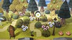 an animated landscape with trees and flowers in the foreground