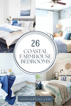 coastal bedroom decor with blue and white colors, including the bed in the center is made up