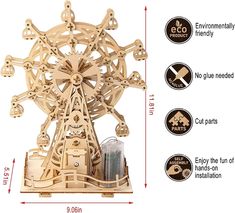 a wooden ferris wheel is shown with instructions on how to make it and where to put the wheels