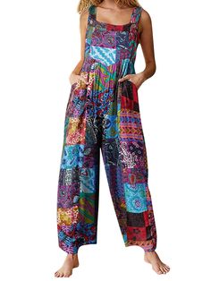 PRICES MAY VARY. Material: Bib Overalls made of high quality polyester, over size flowy ethnic style jumpsuit,skin-friendly,and cozy. Design:Sleeveless,strap button suspender,high wasit,patchwork,loose fitting,wide leg flare hemline,square neck. Style: Casual loose bohemian overalls for women and girls, plus size floral print romper with pockets, special big pocket design summer rompers for women,Women Summer Casual Bohemian Suspender Overalls. Occasion: Women Overalls Boho perfect for summer da Boho Overalls, Summer Jumpsuit Casual, Overalls Summer, Overalls Casual, Vestidos Retro, Vintage Jumpsuit, Pocket Jumpsuit, Fitted Jumpsuit, Sleeveless Bodycon Dress